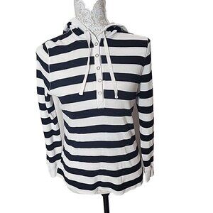 Lauren Ralph Lauren Cotton Hoodie White Black Striped Snaps Pullover Women's PM